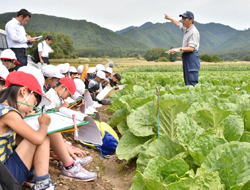 「福島小3年生開田高原のハクサイ畑見学とニンジン収穫体験」の画像
